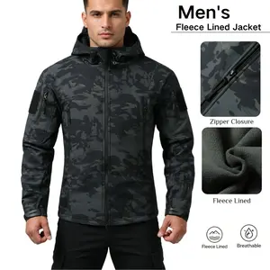 Men’s tactical fleece jacket, camouflage hooded softshell outerwear with full zipper and multiple pockets; outdoor military-style jacket suitable for hunting and mountaineering, designed specifically for outdoor activities.