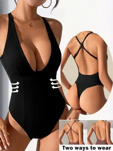 1 Pack / 6 colors Women's deep V cross open-back tight-fitting bodysuit No chest pad, adjustable thin straps High waist with large open-back thong design Can be layered / for dating / suitable for casual multi-scene High-quality women's shapewear bodysui