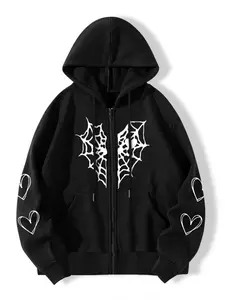 Women's Spider Web & Heart Print Zip Up Hoodie, Street Drawstring Pocket Hooded Sweatshirt for Daily Holiday Outdoor Wear, Women Clothing for Spring & Fall
