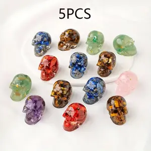 Five Resin Skull Heads with Natural Crystal Chips, Handmade Crystal Crafts Crystal Carvings for Office Home Decor, Perfect for St Patrick's Day Valentine's Easter Thanksgiving