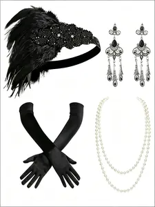 1920s Jazz Girl Accessories Set, Headband Pearl Necklace Elbow Gloves, Perfect for Photoshoots Parties Cosplay Events