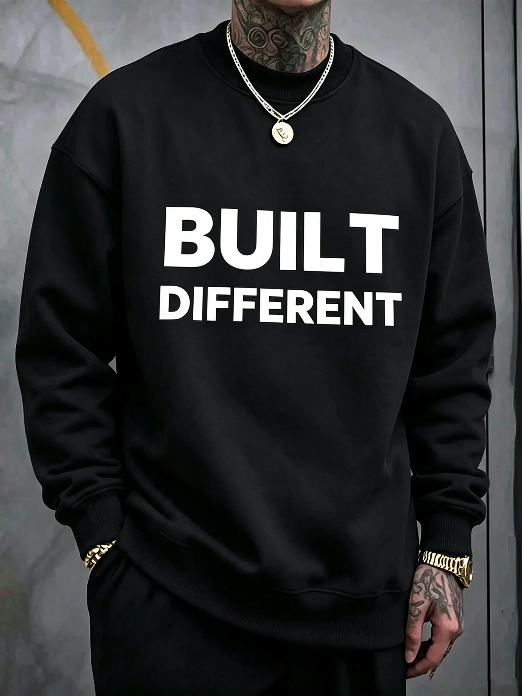 Men’s graphic sweatshirt, crewneck/hoodie optional, oversized streetwear pullover in large sizes, bold “Built Different” print top for the back-to-school season, vintage loose-fit casual long-sleeve hoodie for men