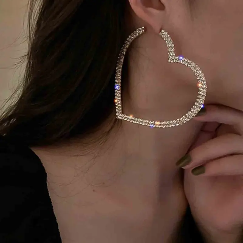 Fashion Trendy Exaggerated Rhinestone Heart Earrings, Simple Elegant Women's Party Jewelry, Unique Personality Earings, High Quality Earrings, Earring Hoops, Fashionable Earrings