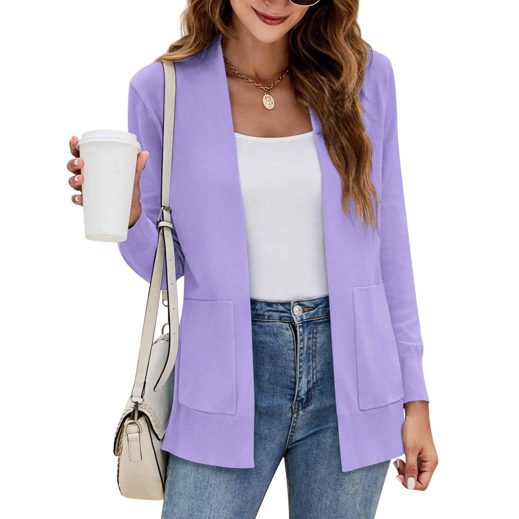 PiePieBuy Women's Cardigan, Casual Solid Open-Front Long Sleeve Knitwear with Pockets, Nylon Knitting for Work, Party, Sizes S, M
