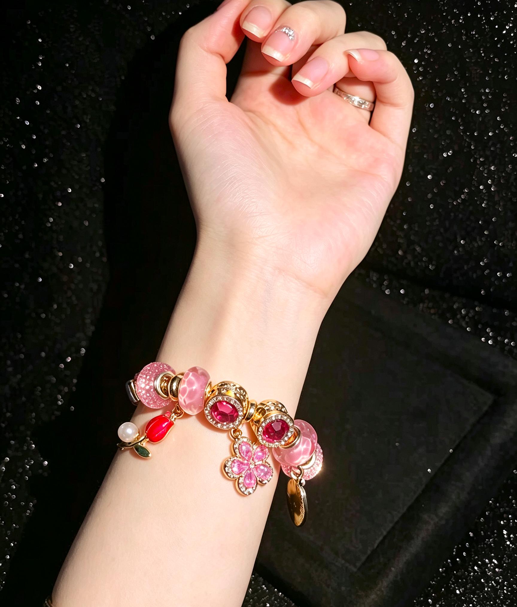Fuchsia Pink Floral Charm Beaded Bracelet, Gold Plated Snake Chain Bracelet with Tulip & Crystal Beads, Elegant Jewelry Gift for Women