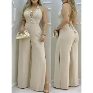 Sexy solid-color sleeveless back-tie jumpsuit for women to attract wealth. Fabric Fit