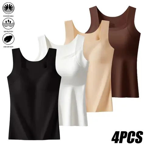 JOGWAVE 4PCS Women's Cream Ultra-Soft Square Neck Tank Top - Stretchy Double Layer Slim Fit Wide Shoulder Strap Athletic Basic - Slim Fit Tees, Tops for Everyday Wear