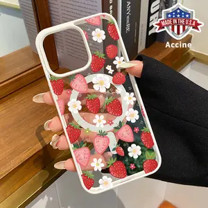 Strawberry Daisy Pattern Magnetic Phone Case Supports Wireless Charging for iPhone 16 15 13 14 12 11 Pro Max 15 14 16 Plus and X X/XS Max Shockproof Non Slip Protection Silicone Transparent Acrylic Cover Cellphone Protective, Silicon