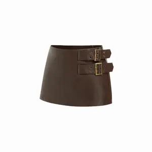 Cider Faux Leather Mid Rise Belted A-line Mini Skort