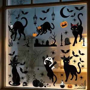 Halloween Window Stickers, 6 Sheets/50 Pcs, Easy Peel and Stick, Cat Silhouette, Pumpkin, Bat, Spider Web, Moon, Tombstone, Witch Hat, Ghost Cloak, Potion Bottle