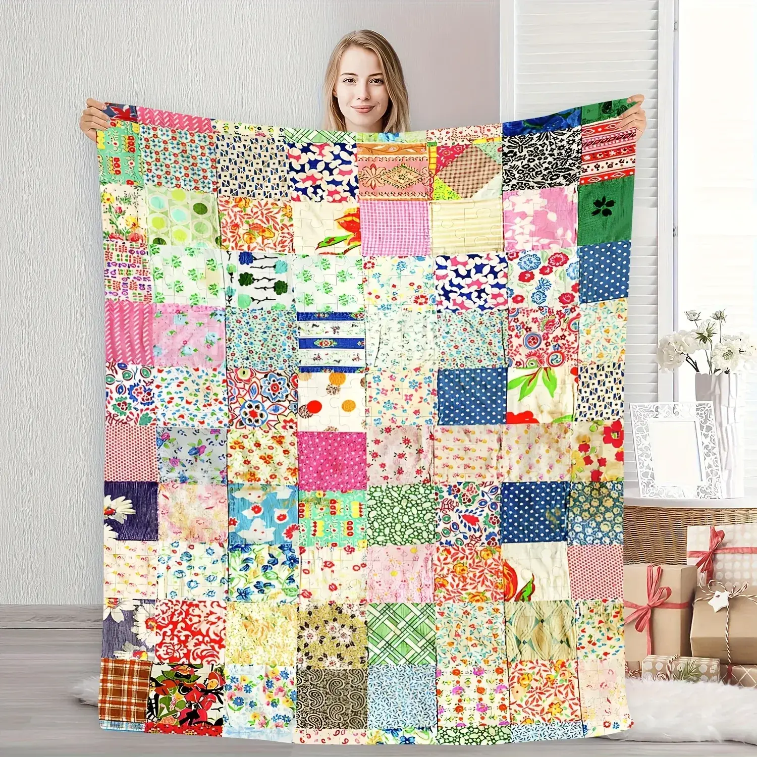Vintage Floral Patchwork Throw Blanket, Bright Floral Flannel Blanket for Bed, Couch Sofa, Cottage Quilt Print Room Decor, Soft Lightweight Blanket for Bedroom, Reading Chair, Guest Room, Spring Farmhouse Gift for Women