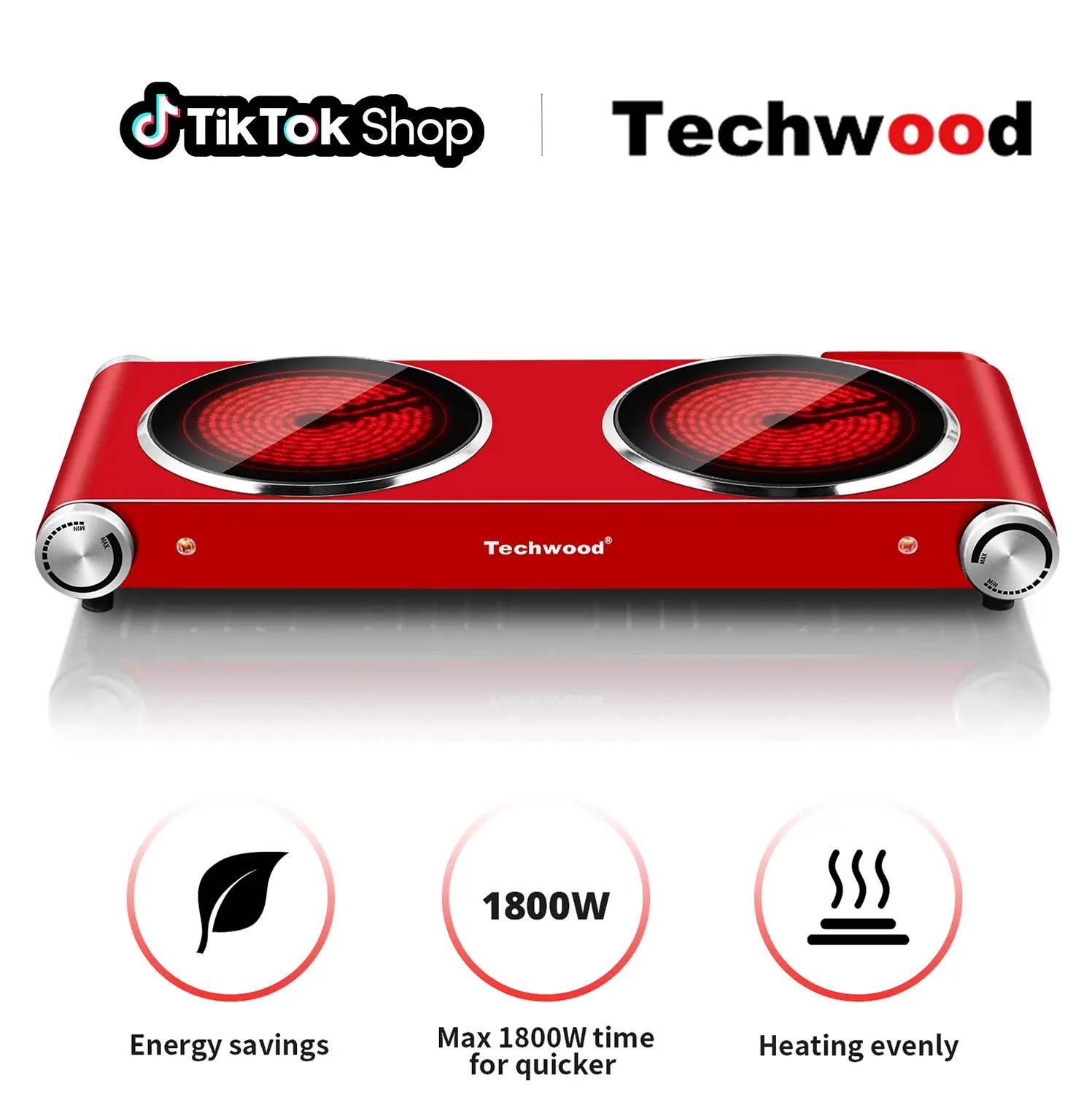 Techwood 1800W Dual Burners Infrared Electric Countertop Compact Multi-Use Induction Hob - Classic Steel Frame, US Plug, Stylish Small Body, Brushed Stainless Steel & Dual Crystallite Glass Ceramic Cooktop for Easy Cleaning, Black, Compact Multi-Use Induc