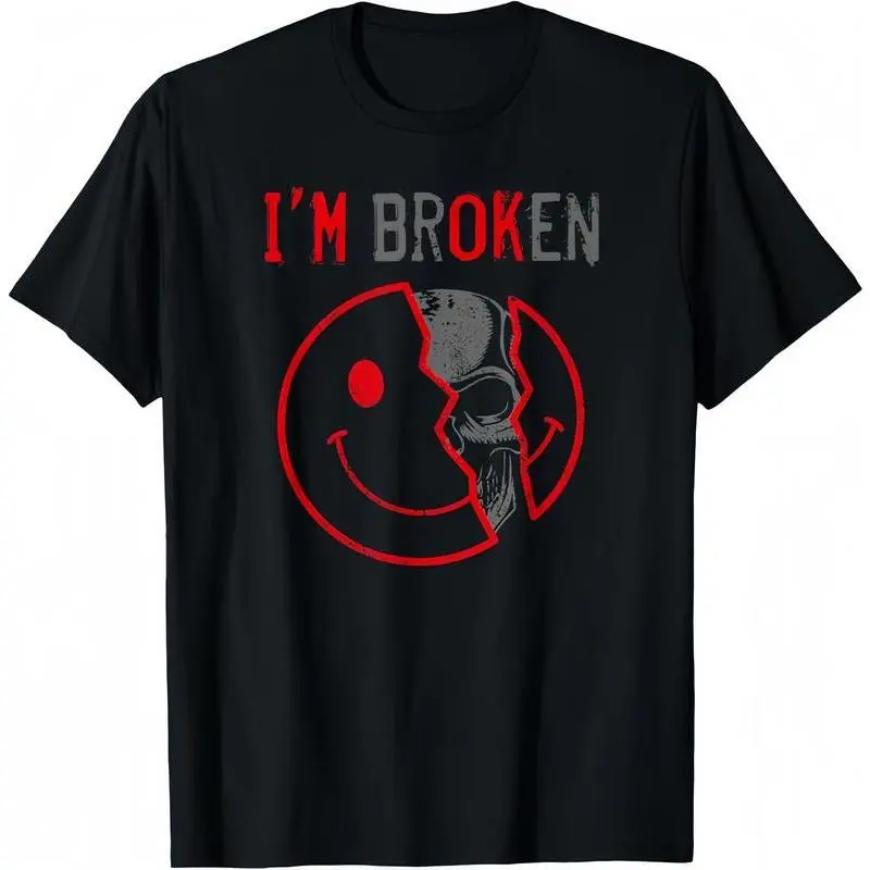 Casual Short Sleeve Cotton T-Shirt for Invisible Illness Awareness - Menswear Top Streetwear Crewneck Tee with "I'm Broken" Graphic Design Men Tee