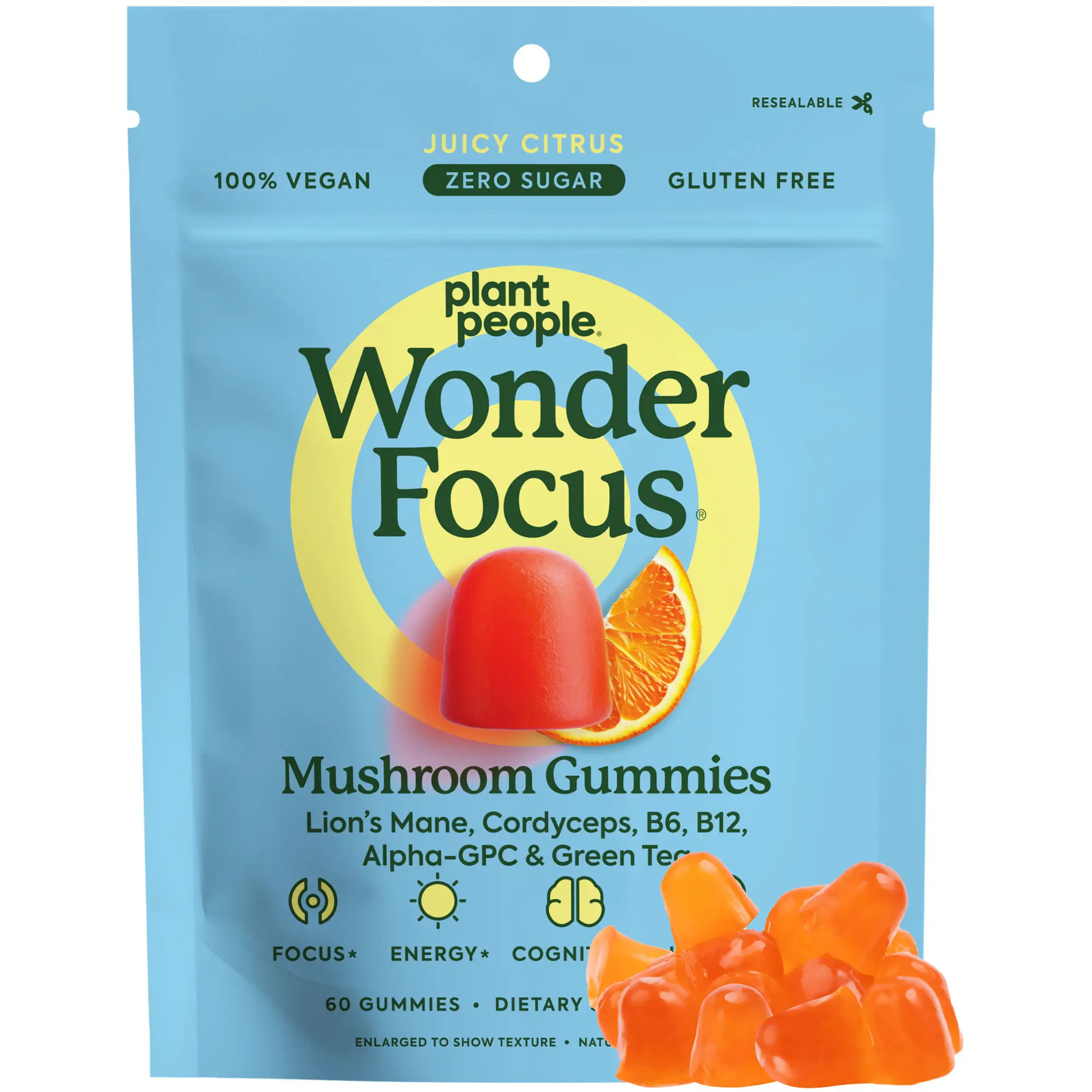 WonderFocus Mushroom Gummies by Plant People - Zero Sugar, All Natural, Focus & Cognition Gummy Supplement - Jitter Free Healthcare Dietary