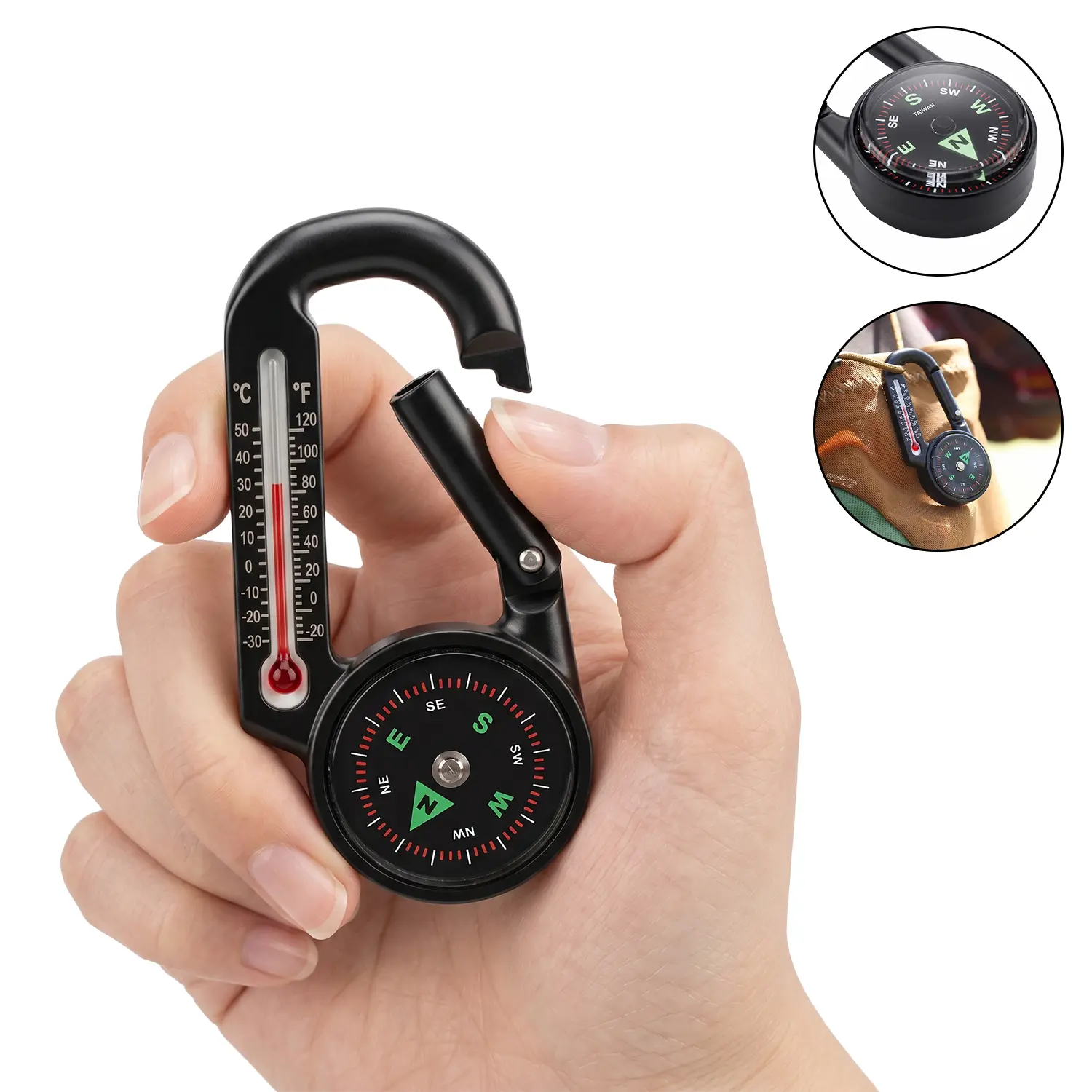3-in-1 Carabiner Compass Thermometer Keychain, Portable Clip-On Navigation Tool, Mini EDC Gadget for Backpack, Hiking, Camping, Travel & Outdoor Adventures, Gift for Men and Kids