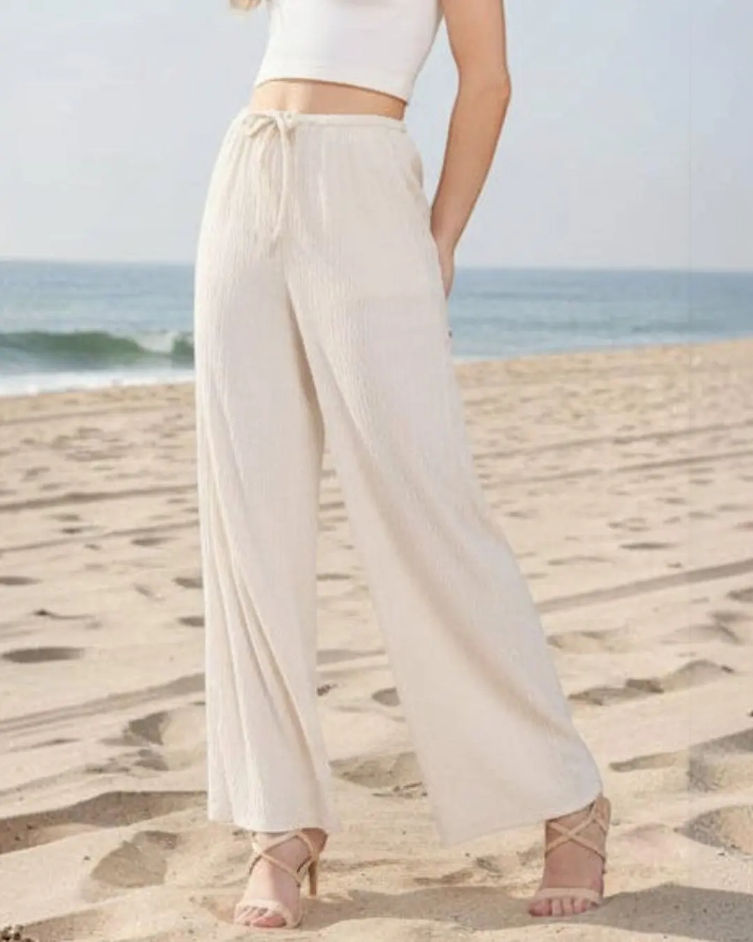 Ivory Crinkle Knit Long Pants