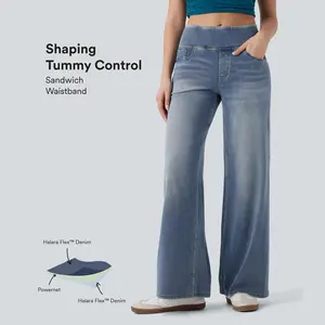 Casual loose jeans with elastic mid-rise waist, hip control, and pockets