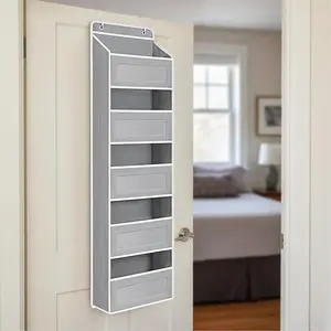 5-Tier Hanging Door Storage Rack Includes 5 shelves and 5 side mesh pockets Multi-compartment design Holds up to 44 lbs Ideal for bathrooms, bedrooms, nurseries, and kitchens