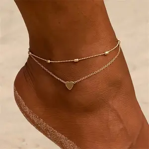 Layered Double Heart Anklet for Women Waterproof Adjustable Length 7.3+2.3 Inch Fashion Chic Accessories Trendy Layered Anklet Set Jewelry Gift Suitable for Summer Beach Vacations Outdoorfun summerwins