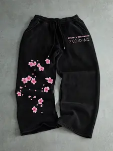 Men's Casual Sporty Long Pants, Sakura Floral Pattern Print, Drawstring Wide Leg, Loose-Fitting, All Seasons, Graphic Style, Casual Fashion Loose