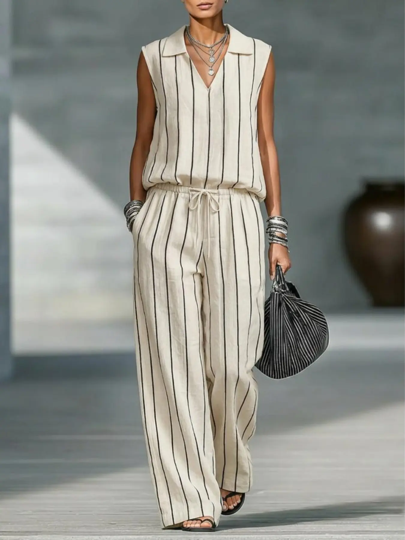 Two-Piece Summer Set, Striped Sleeveless Wide-Leg Drawstring Pants, Women's Casual Office Wear, Breathable Lightweight Business & Leisure