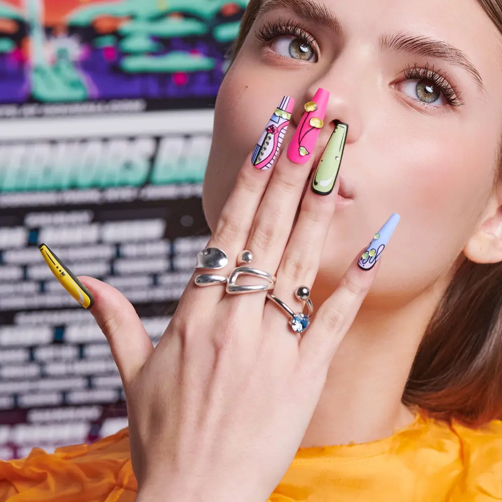 Gold Finger Glitzy 3D Press-On Nails in Countenance – 2X-Long Coffin Fake Nails, Pop Art Comic Design with Rhinestones, Luxury Glue On Nails, 28 Pc Kit