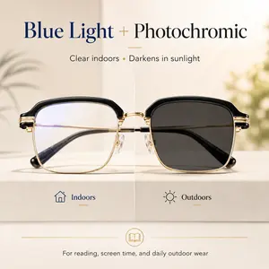 +1.00 Strength Photochromic Non-Prescription Reading Glasses, Blue Light Filtering, Lightweight Black-Gold Frame for Men, Women - Close-Up Reading, Phone Use