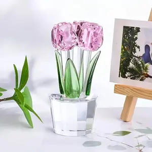 Tulip glass flower statue, crystal decorative collection item, pink crystal flower bouquet ornament, anniversary wedding Christmas Valentine's Day Mother's Day gift for ladies, home decoration item