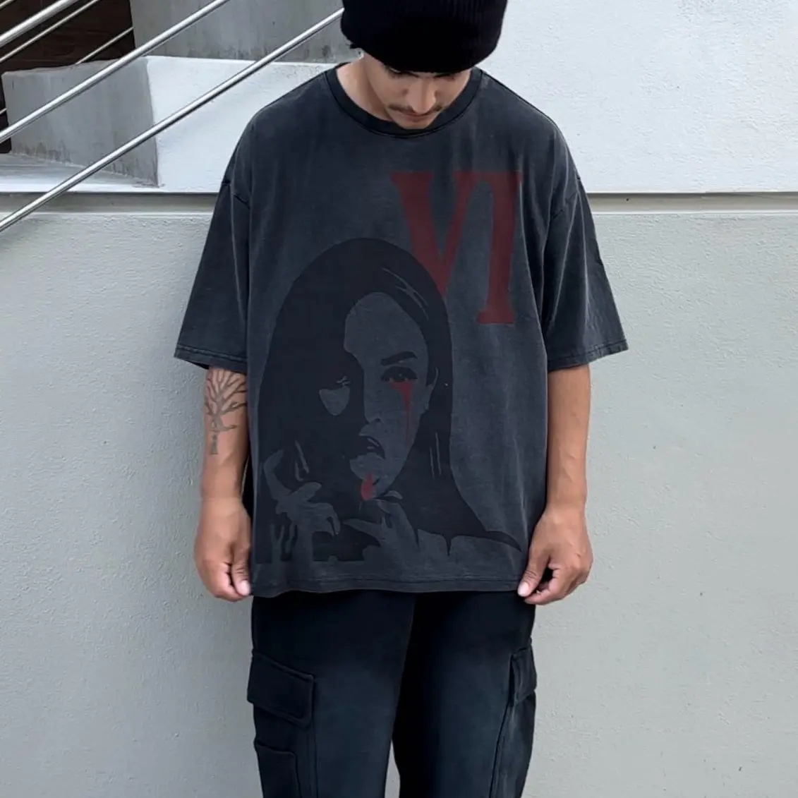 “VI” Oversized Box Tshirt, DTG printing, 240 gsm, acid wash, 100% cotton, Graphic Design
