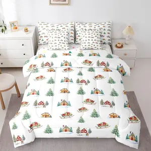 Merry Christmas Comforter Set with Sheets,7 Pieces Doodle Xmas Tree Bedding Sets,Pine Cottage Bed in a Bag with Comforter,Sheets,Pillowcase & Shams