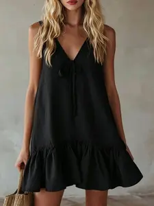 Summer Fashion New Vintage Resort Style V Neck Sleeveless Ruffle Casual Loose Dress, Essential Linen Dress, Perfect for Travel, Shopping, Dating, Beach