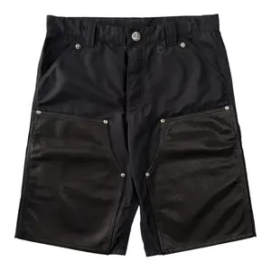 Menswear High-Waist Black Nylon Chrome Hearts Carpenter Shorts - Leather Cross Patch, Lucky Plus Patch, Double-Knee Design