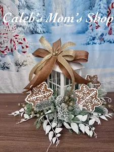 Gingerbread Snowflake Lantern Arrangement, Holiday Table Centerpiece or Mantle Decor, Farmhouse Christmas Table Decor for Outdoor Porch
