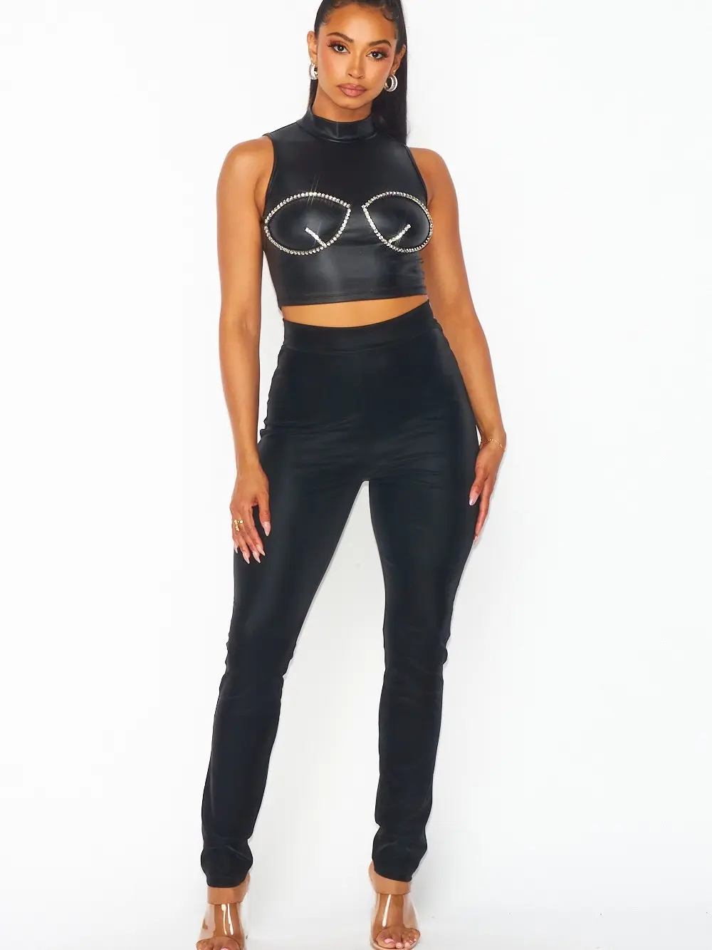 Women's 2-Piece Slim-Fitting Sleeveless Uniform - Minimalist Basic Glam Faux Leather Rhinestone Bustier Outfit for Party Wear