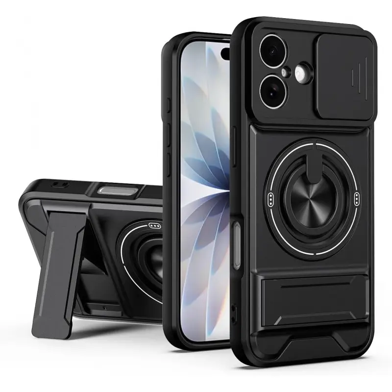 Phone case Designed for iPhone 17 16 15 14 13 12 11 Case with Slide Lens Protection + 360° Rotate Ring Magnetic Kickstand,Military Grade Shockproof Heavy Duty Protective with Magnetic Car Mount Holder Cover Black