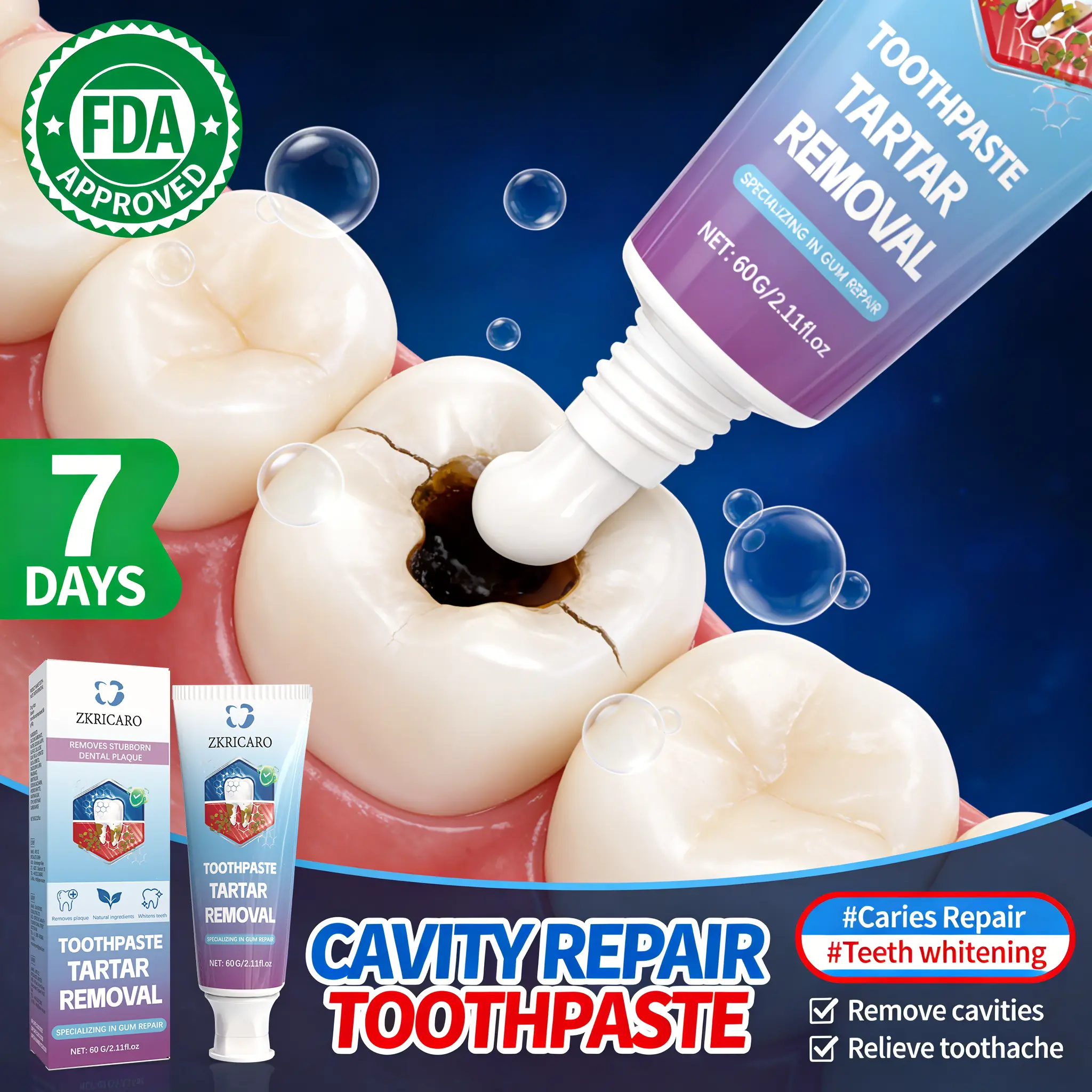 ZKRICARO Anti-Cavity Repair Toothpaste FDA Certified - Repairs Cavities Removes Plaque Tartar Relieves Sensitivity & Strengthens Enamel