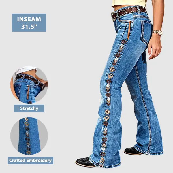 Flamingals Wash Geo Embroidery Mid Waist Bootcut Jeans Without Belt Womenswear Stretchy 31.5" Inseam