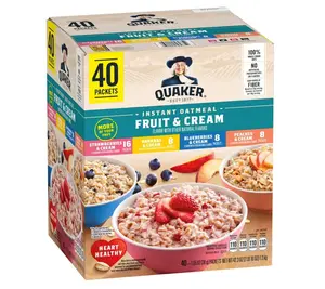 Quaker Instant Oatmeal Fruit & Cream Variety Pack 40 Packets 42.3 oz Made with heart healthy whole grain Quaker Oats with Strawberries Blueberries Peaches Bananas Flavors Cereal
