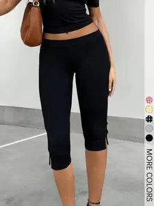 Women's Split Hem Capri Pants, Solid Black Mid-Calf Capri Pants With Side Slits, For Yoga and Daily Wear.