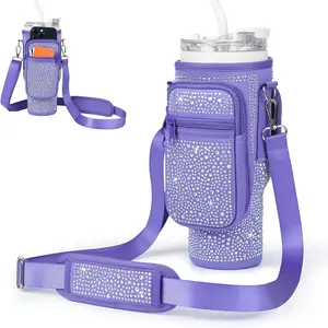 Diamond-Studded 40 oz Water Bottle Sleeve - Neoprene Carrier with Phone Pocket & Card Holder, Adjustable Shoulder Strap, Bottle Holder - Ideal for Outdoor Sports, Camping, Picnics, Hiking - Great Gift for Family Organization Drinkware