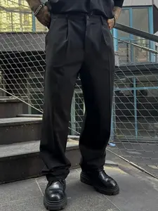 1pc Men's Black Wide Leg Suit Pants Casual Streetwear Style Wrinkle-Resistant Non-Iron Fabric for Daily & Party Wear