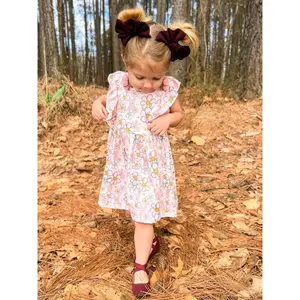 Too Groovy Bunny Rabbit Floral Flutter Short Sleeve Girls Easter, Spring, Church Dress Cotton Blend Pastel Ohio Ready to Ship