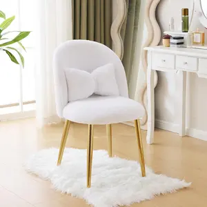 VINGLI Girls Vanity Chair with Back,Cute Small Desk Chair No Wheels,Fluffy Chair with Pillow,Cozy Makeup Chair with Ajustable Gold Legs,Comfy Chair for Bedroom,Living Room,Small Space,White