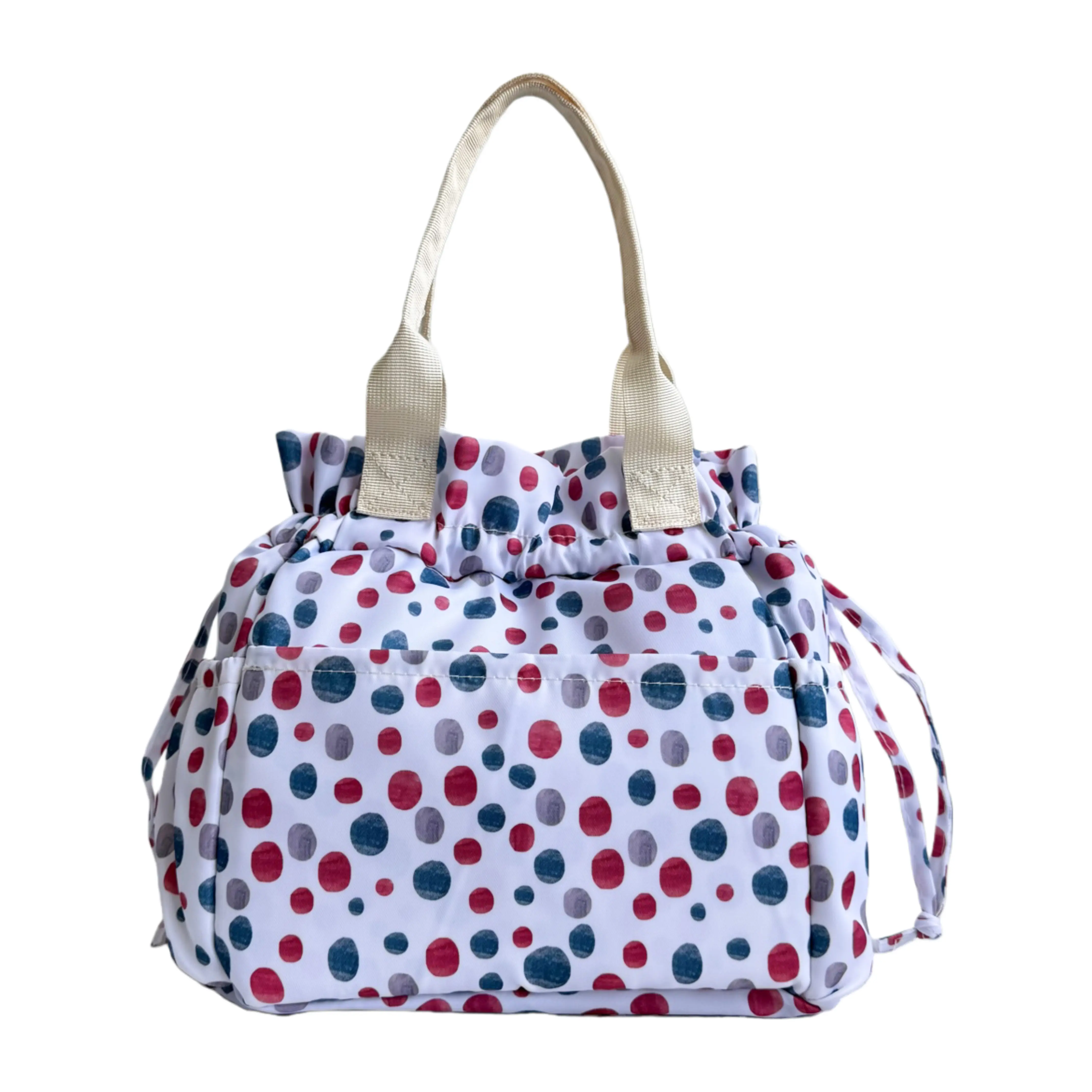 Polka Dot Round Insulated Lunch Bag for Women Large Capacity Waterproof Drawstring Tote Stylish Picnic Bag for Work School & Travel