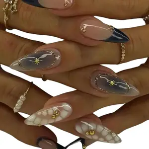 Minimalist press on nails-almond navy blue with white shaped nails for prom, weddings and special occasion