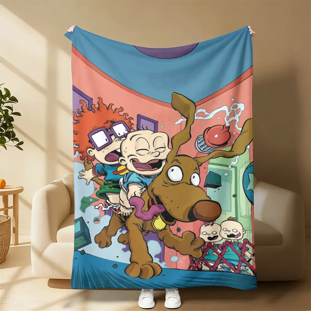 Vintage Rugrats Fleece Blanket, Tommy and Chuckie Riding Spike Comic Scene Graphic Blanket, All Season Lightweight Cozy Blanket, Nostalgic 90s Cartoon Room Decor，Soft Blanket, Unique Birthday Gift for Retro Cartoon Collectors