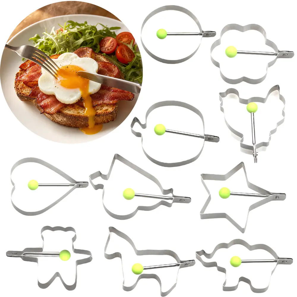 10 Packs Fried Egg Rings Molds Non Stick for Griddle Pan, Egg Shaper Pancake Maker with Handle, Stainless Steel Egg Form for Frying Cooking