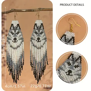 Handmade Vintage Bohemian White-Brown Long Beaded Tassel Drop Earrings with Arctic Wolf Pattern, Nickel Alloy Elegant Daily Fashion Accessory, Unique Costume Jewelry for Teenagers, Ideal Gifting Option