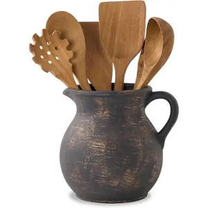 MIYUKI Rustic Kitchen Utensil Holder - 7.6 Inch Ceramic Utensil Crock for Countertop, Vintage Kitchen Counter Decor