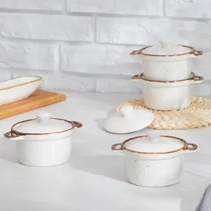Ramekins with Lids, 12 oz Ceramic Small Casserole Dish with Handles & Brown Rim for Baking Soup, Speckled Oven Safe Mini Dutch Oven Rustic Cocotte Set of 4 for Individual Serving, Creamy White Visit the contenpo Store Stylish Tableware